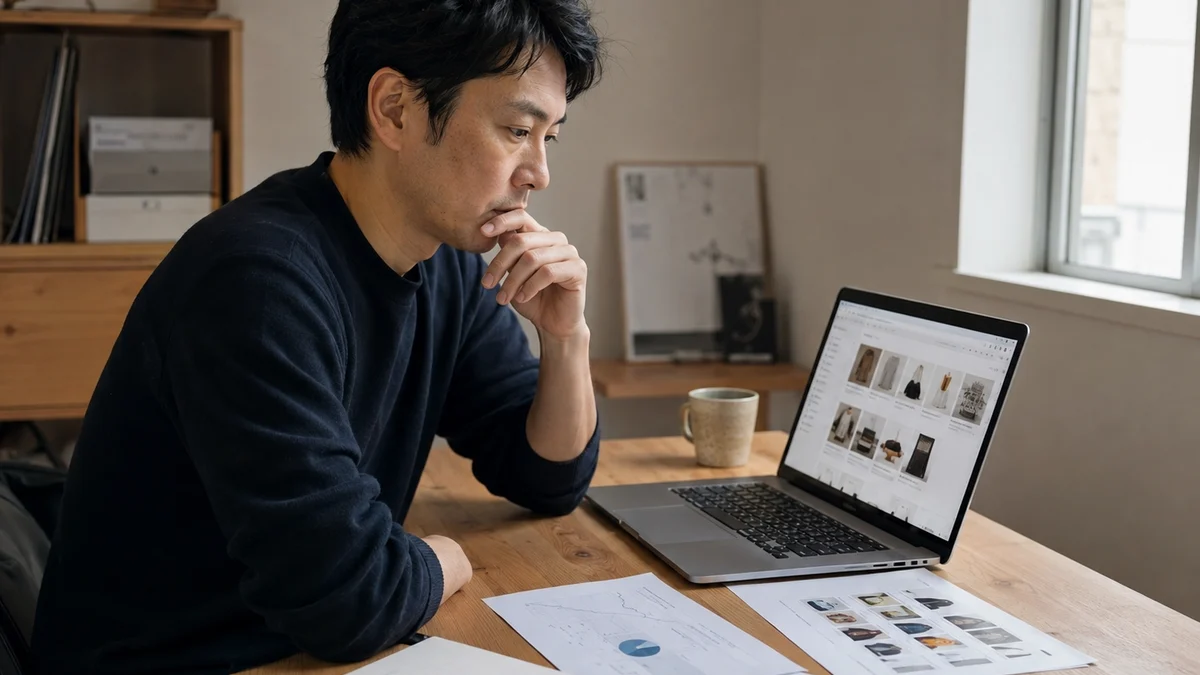 ECショップの分析資料と商品一覧を見ながら課題を整理している様子