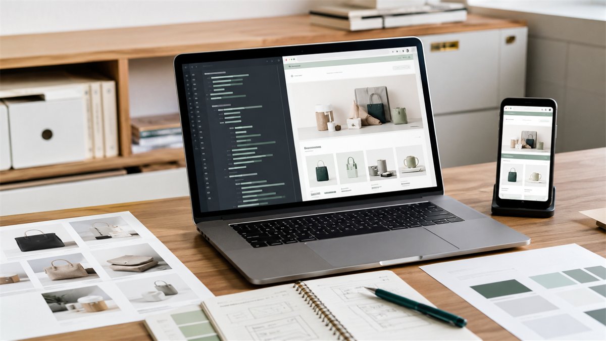 ノートPCでECショップの実装画面とプレビューを確認している制作風景